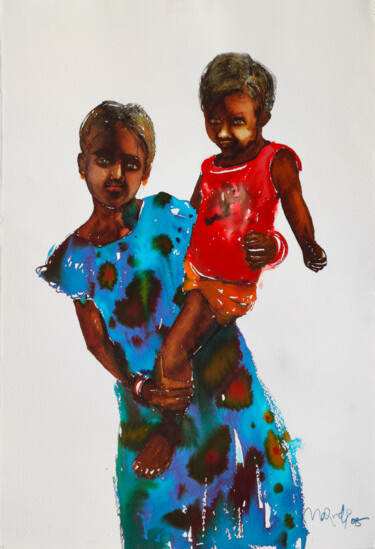 Pintura titulada "VILLAGE LIFE 2" por Dinabandhu Marandi, Obra de arte original, Acuarela