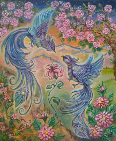 Картина под названием "Beautiful birds in…" - Динара Сулеева, Подлинное произведение искусства, Масло