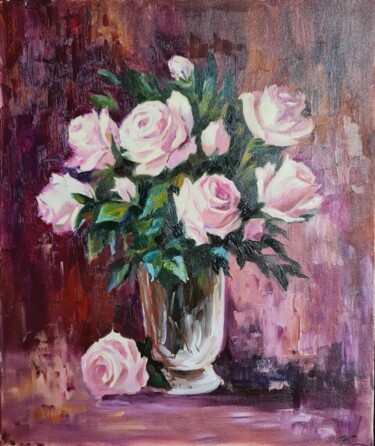 Painting titled "Roses" by Dinara Kalashnikova, Original Artwork, Oil Mounted on Wood Stretcher frame