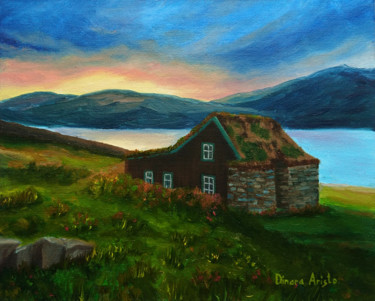 Malerei mit dem Titel "House by the lake" von Dinara Aristo, Original-Kunstwerk, Öl