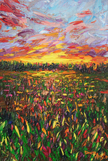 Painting titled "Summer sunset" by Dinara Aristo, Original Artwork, Oil