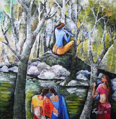 Painting titled "Call of the flute -3" by Dinesh Thakur D.C.Thakur, Original Artwork, Oil