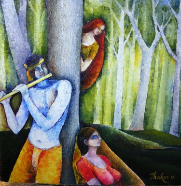 Painting titled "Call of the flute…" by Dinesh Thakur D.C.Thakur, Original Artwork, Oil