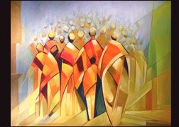 Malerei mit dem Titel "Walking Group" von Dinkar Shankar Kumbhar, Original-Kunstwerk, Öl