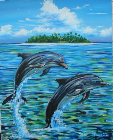 Painting titled "Dolphins Jumping" by Dion Lewis, Original Artwork, Oil