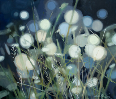 Painting titled "Meadow lights" by Dita Lūse, Original Artwork, Oil Mounted on Wood Stretcher frame