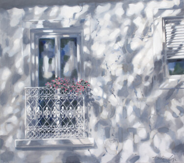 Painting titled "French balcony" by Dita Lūse, Original Artwork, Oil Mounted on Wood Stretcher frame