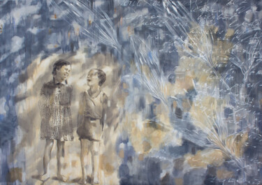 Painting titled "Childhood friends" by Dita Lūse, Original Artwork, Oil Mounted on Wood Stretcher frame