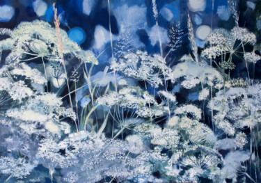 Painting titled "White Meadow" by Dita Lūse, Original Artwork, Oil Mounted on Wood Stretcher frame