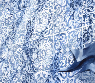 Painting titled "Blue rose petal" by Dita Lūse, Original Artwork, Oil Mounted on Wood Stretcher frame