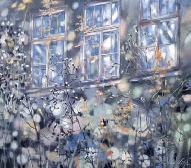 Peinture intitulée "Sky in the windows" par Dita Lūse, Œuvre d'art originale, Huile Monté sur Châssis en bois