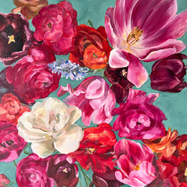 Malarstwo zatytułowany „Bunch of flowers” autorstwa Ditim, Oryginalna praca, Olej Zamontowany na Drewniana rama noszy