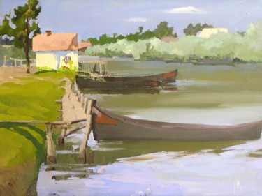 Painting titled "Boats. Etude" by Elena Hlavenchuk, Original Artwork, Oil Mounted on Wood Stretcher frame