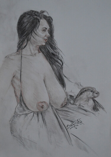 Drawing titled "La nymphe pensive" by Diviciac, Original Artwork, Pencil