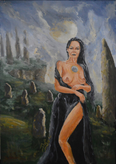 Painting titled "Under Pale Moon" by Diviciac, Original Artwork, Gouache