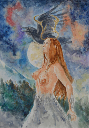 Painting titled "Druidesse" by Diviciac, Original Artwork, Watercolor