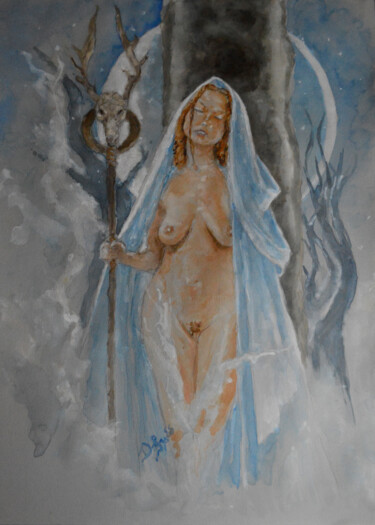 Malerei mit dem Titel "Mystic Moon Druidess" von Diviciac, Original-Kunstwerk, Aquarell