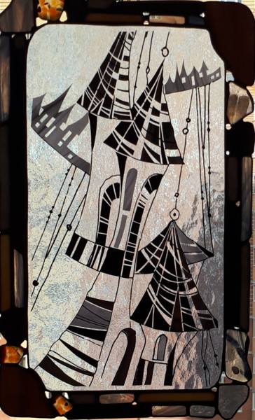 Pintura titulada ""На крыше"" por Evgeniia Kuropteva, Obra de arte original, Vidrieras de pintura Montado en Cartulina