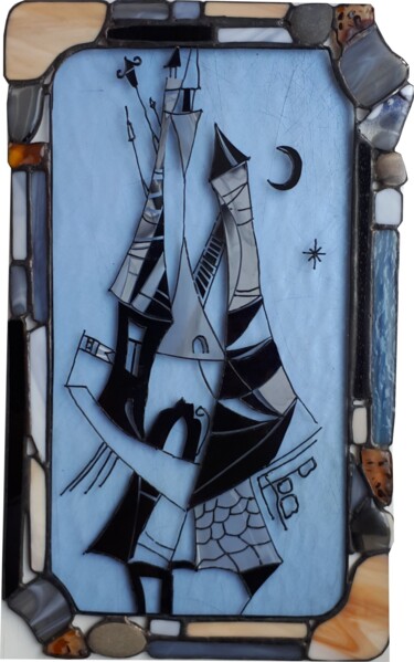 Schilderij getiteld ""Кошки на крыше"" door Evgeniia Kuropteva, Origineel Kunstwerk, Gebrandschilderd glas