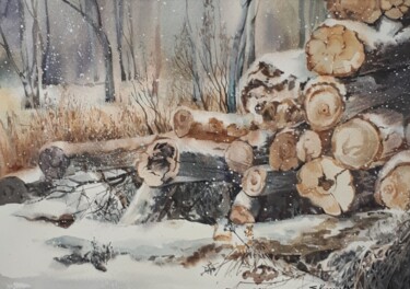 Картина под названием "Бревнышки" - Евгения Куроптева, Подлинное произведение искусства, Акварель Установлен на картон