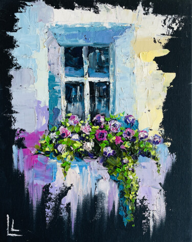 Peinture intitulée "Window with flowers…" par Dizlarka, Œuvre d'art originale, Huile