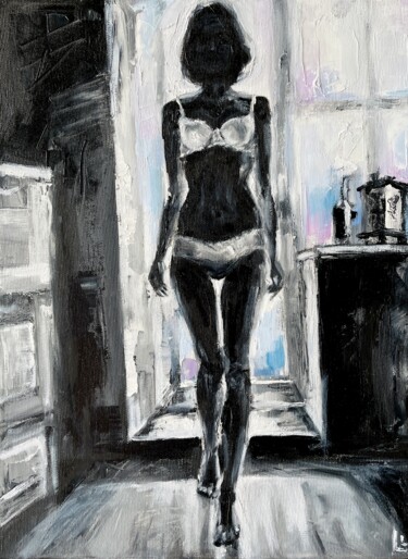 Painting titled "Woman in the window…" by Dizlarka, Original Artwork, Oil Mounted on Wood Stretcher frame