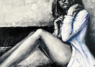 Картина под названием "Woman in shirt, Bla…" - Dizlarka, Подлинное произведение искусства, Масло Установлен на Деревянная ра…
