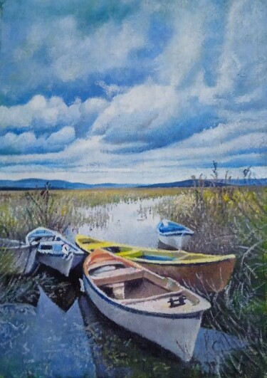 Painting titled "bateaux sur le lac…" by Djamel Baouali, Original Artwork, Oil