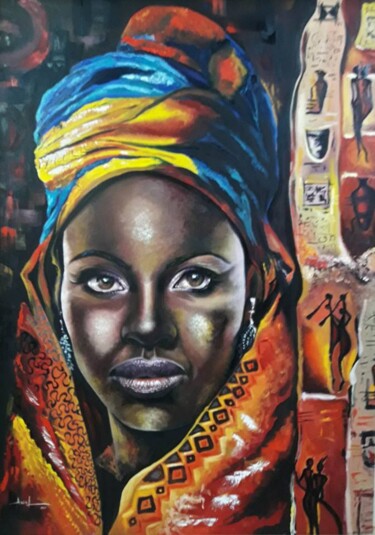 Peinture intitulée "afrowoman" par Djamel Eddine Assal, Œuvre d'art originale, Huile