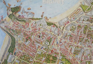 Peinture intitulée "plan de BIARRITZ" par Djamel Eddine Hafis, Œuvre d'art originale, Papier