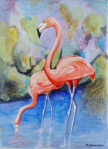 Painting titled "Flamingo" by Djamel Eddine Mebrek, Original Artwork, Watercolor