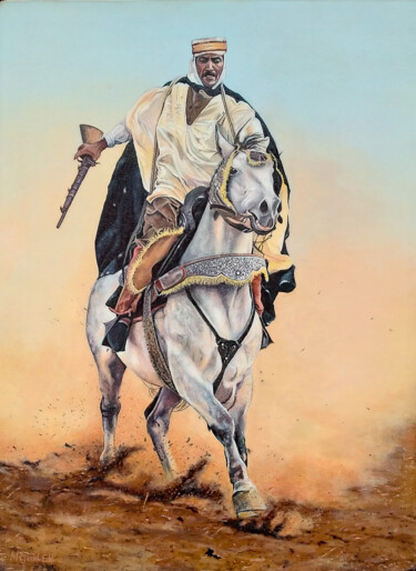 Pittura intitolato "Arabian horseman -…" da Djamel Eddine Mebrek, Opera d'arte originale, Olio Montato su Telaio per barella…
