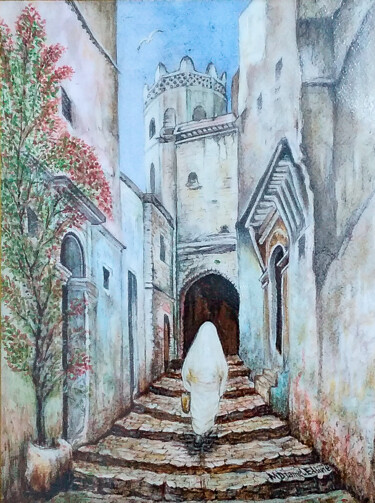 「El Kasbah , Algiers」というタイトルの絵画 Djamel Eddine Mebrekによって, オリジナルのアートワーク, 水彩画