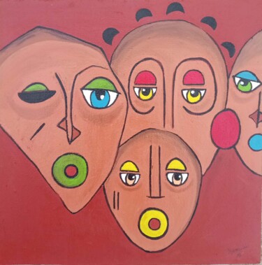 Painting titled "Family" by Djamiou Aboudou, Original Artwork, Acrylic Mounted on Wood Stretcher frame