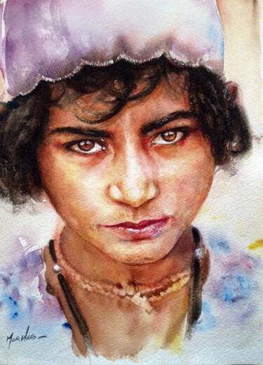 Ζωγραφική με τίτλο "Girl" από Djelloul Merhab, Αυθεντικά έργα τέχνης, Ακουαρέλα
