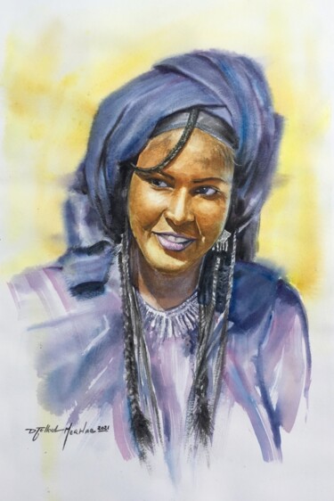 Malerei mit dem Titel "Tuareg - Yellow & P…" von Djelloul Merhab, Original-Kunstwerk, Aquarell