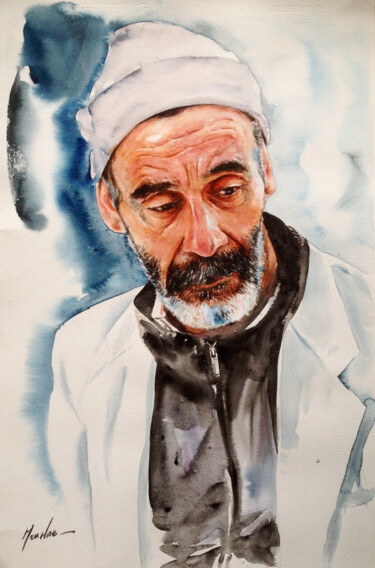Painting titled "Waiting for nothing" by Djelloul Merhab, Original Artwork, Watercolor
