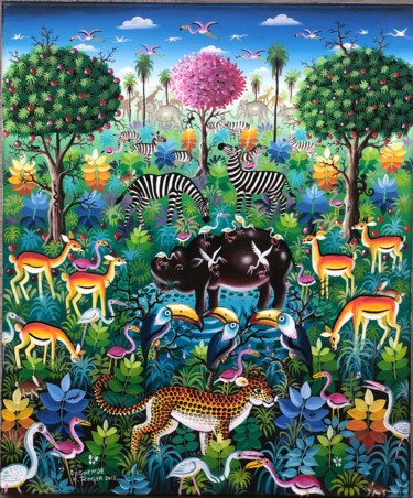 Картина под названием "HIPPOPOTAME AU MARI…" - Roger Djiguemdé, Подлинное произведение искусства, Масло