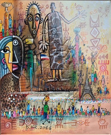 Картина под названием "LES IMMIGRÉS" - Roger Djiguemdé, Подлинное произведение искусства, Коллажи