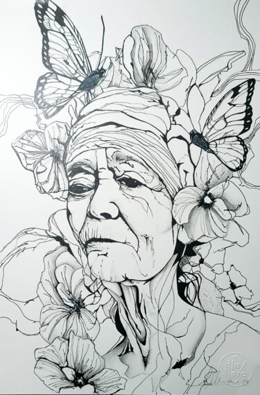 Malerei mit dem Titel "VERY OLD WOMAN" von Dla.Llera, Original-Kunstwerk, Tinte