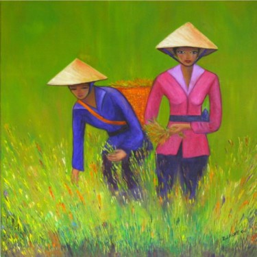 Peinture intitulée "la récolte du riz" par D Laure, Œuvre d'art originale, Huile