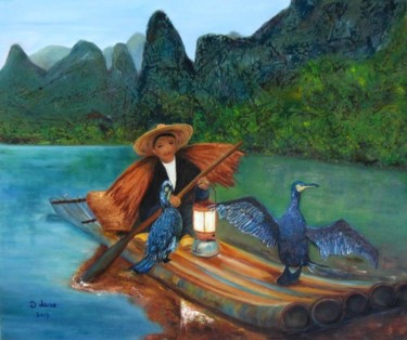 Peinture intitulée "la pêche aux cormor…" par D Laure, Œuvre d'art originale, Huile Monté sur artwork_cat.