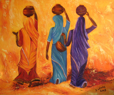 Peinture intitulée "femmes en sari" par D Laure, Œuvre d'art originale, Huile