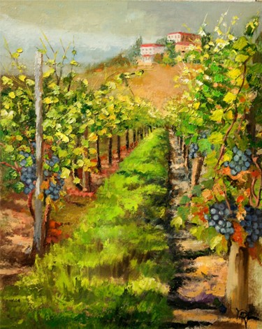 Pittura intitolato ""Merlot Vines of Tu…" da Andre, Yary, & Peter Dluhos, Opera d'arte originale, Olio