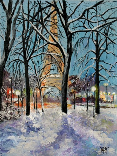 Pittura intitolato ""Snowfall in Paris"…" da Andre, Yary, & Peter Dluhos, Opera d'arte originale, Olio