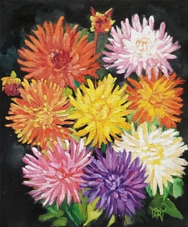 Painting titled ""Dahlias" by YARY D…" by Andre, Yary, & Peter Dluhos, Original Artwork, Oil Mounted on Wood Panel