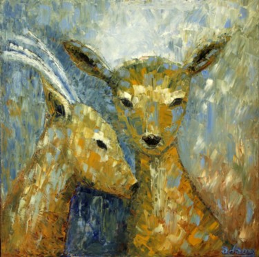 Peinture intitulée "Mother Deer & Son" par D. Michael Adams, Œuvre d'art originale, Huile