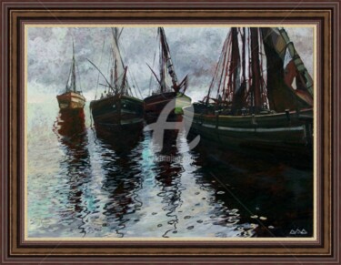 Peinture intitulée ""Рыбацкие лодки"" par Dmitri Drozdetski, Œuvre d'art originale, Huile