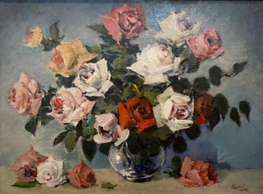Painting titled "Roses" by Dmitri Korjanov, Original Artwork, Oil Mounted on Wood Stretcher frame