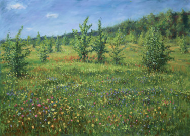 Painting titled "Floral meadow" by Nikolay Dmitriev, Original Artwork, Oil Mounted on Wood Stretcher frame